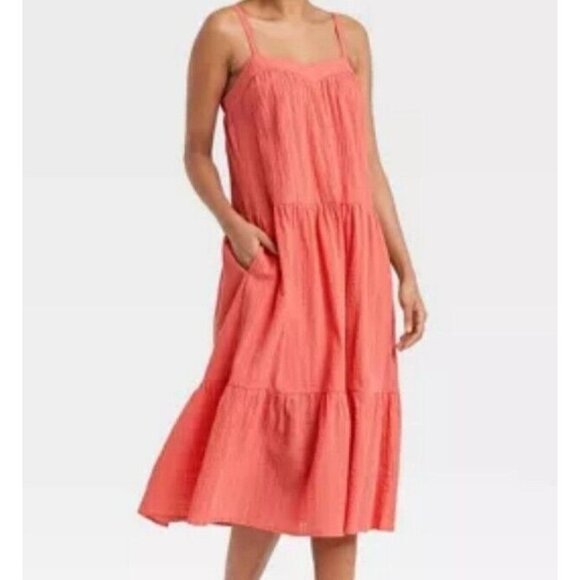 Knox Rose Dresses & Skirts - Knox Rose Women's Sz M Sun Dress Tiered Guava Jelly Flowy Midi 100% Cotton NEW
